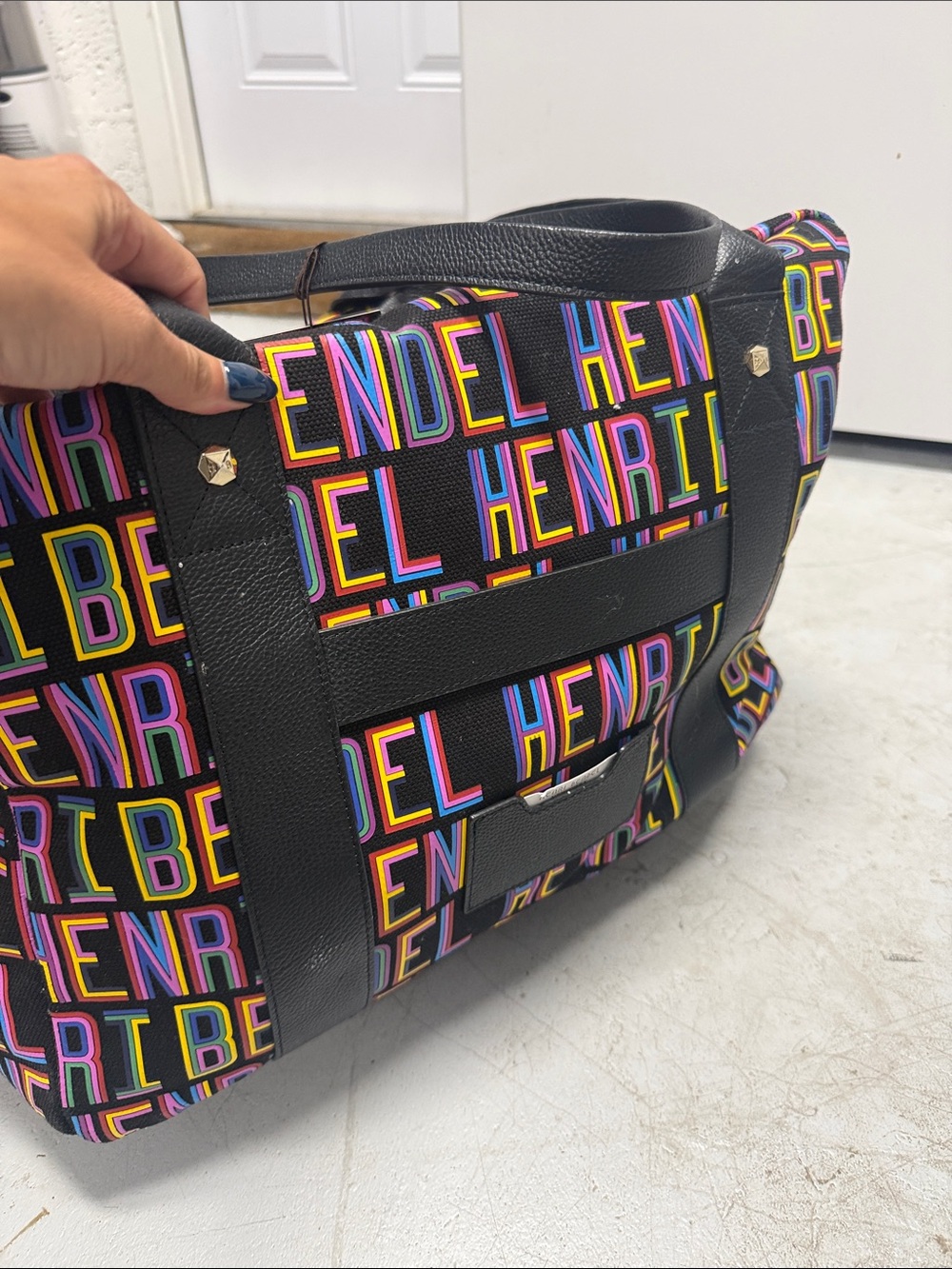 henri bendel x Steven Wilson Black Multicolor Logo Leather Duffle NWT - Picture 3 of 15